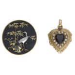 A Japanese brooch and a locket, the shakudo work circular brooch depicting a crane amidst ba...