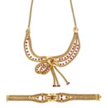 A gem-set necklace and bracelet suite, the woven mesh-link necklace of festoon swag design,...