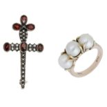 A 9ct gold garnet and seed pearl cross brooch and cultured pearl ring, the brooch set throug...