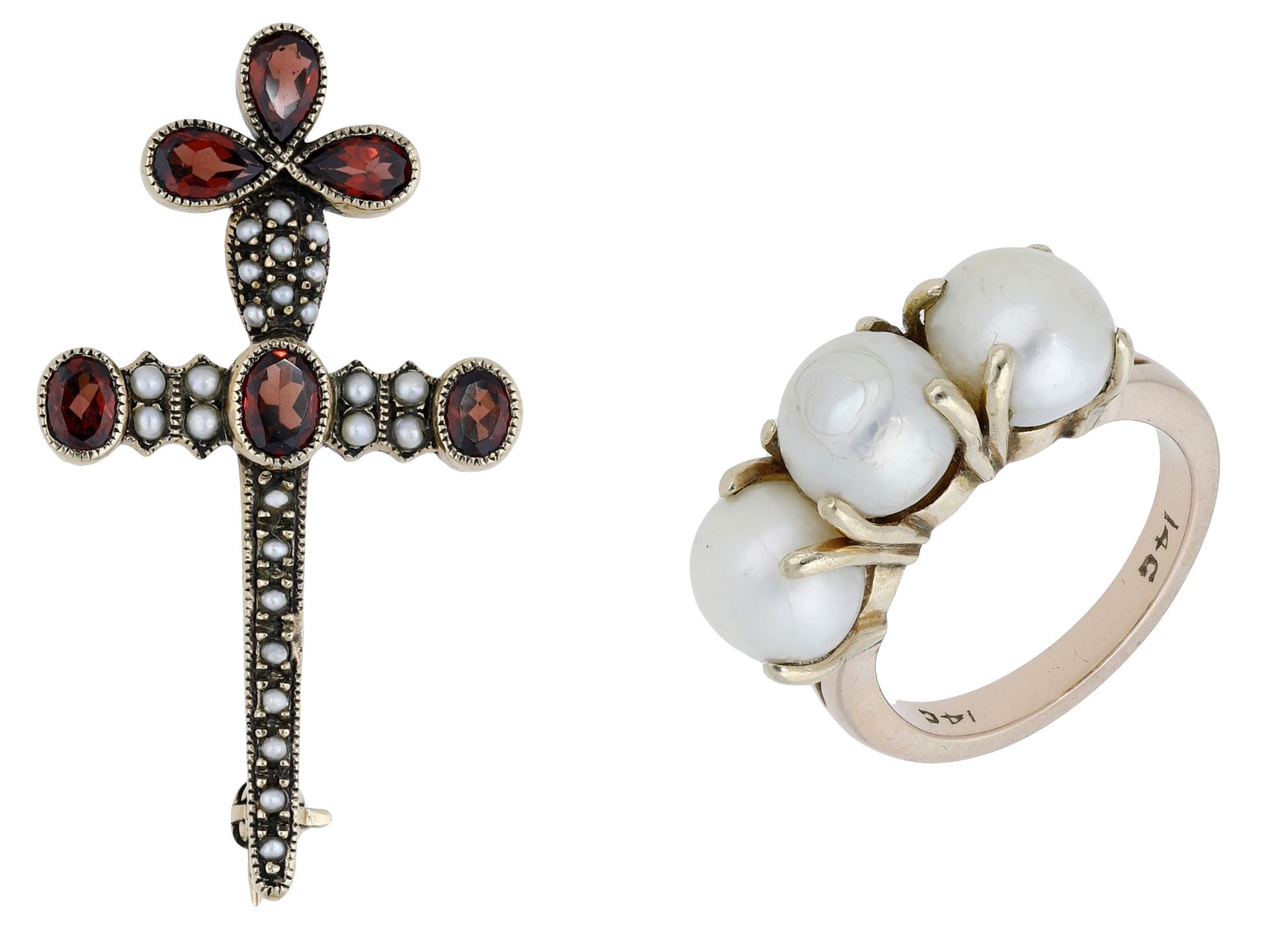 A 9ct gold garnet and seed pearl cross brooch and cultured pearl ring, the brooch set throug...