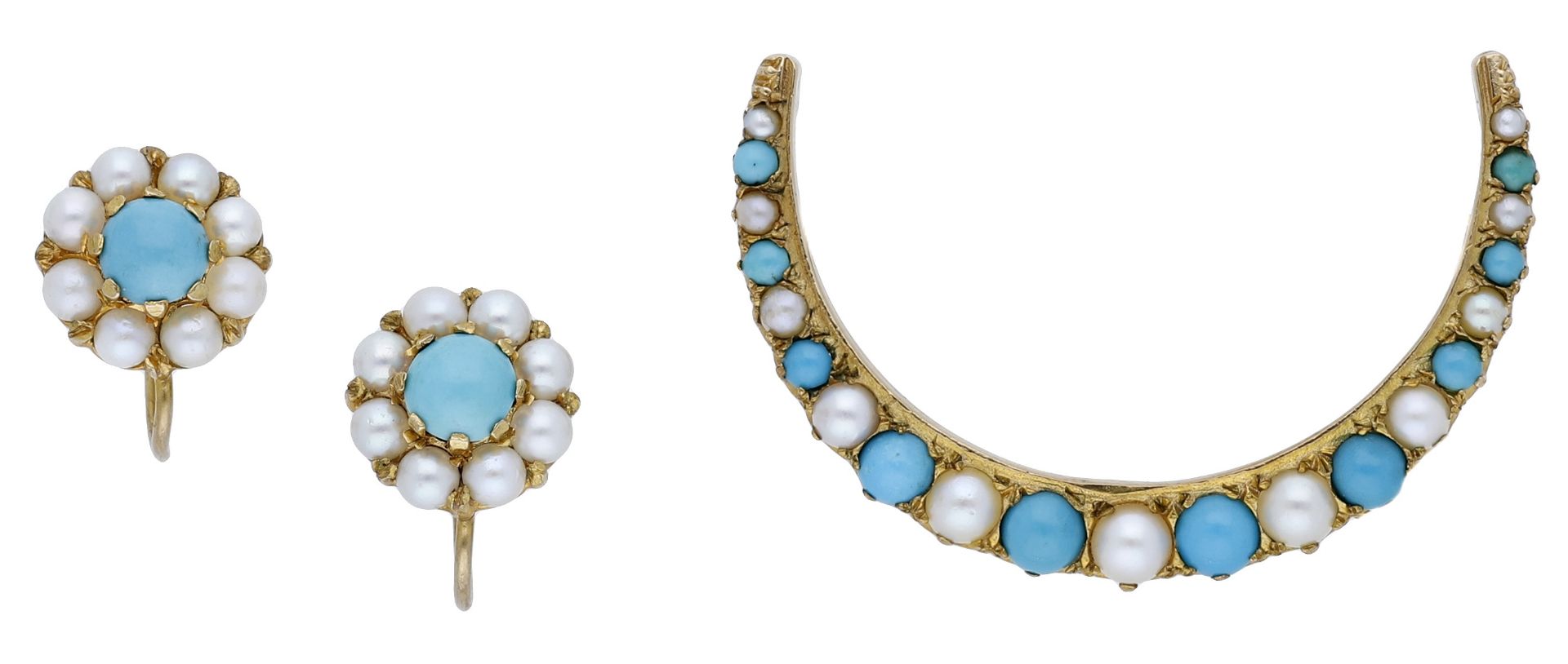 A turquoise and pearl crescent brooch, circa 1900, set with a graduated row of turquoise cab...