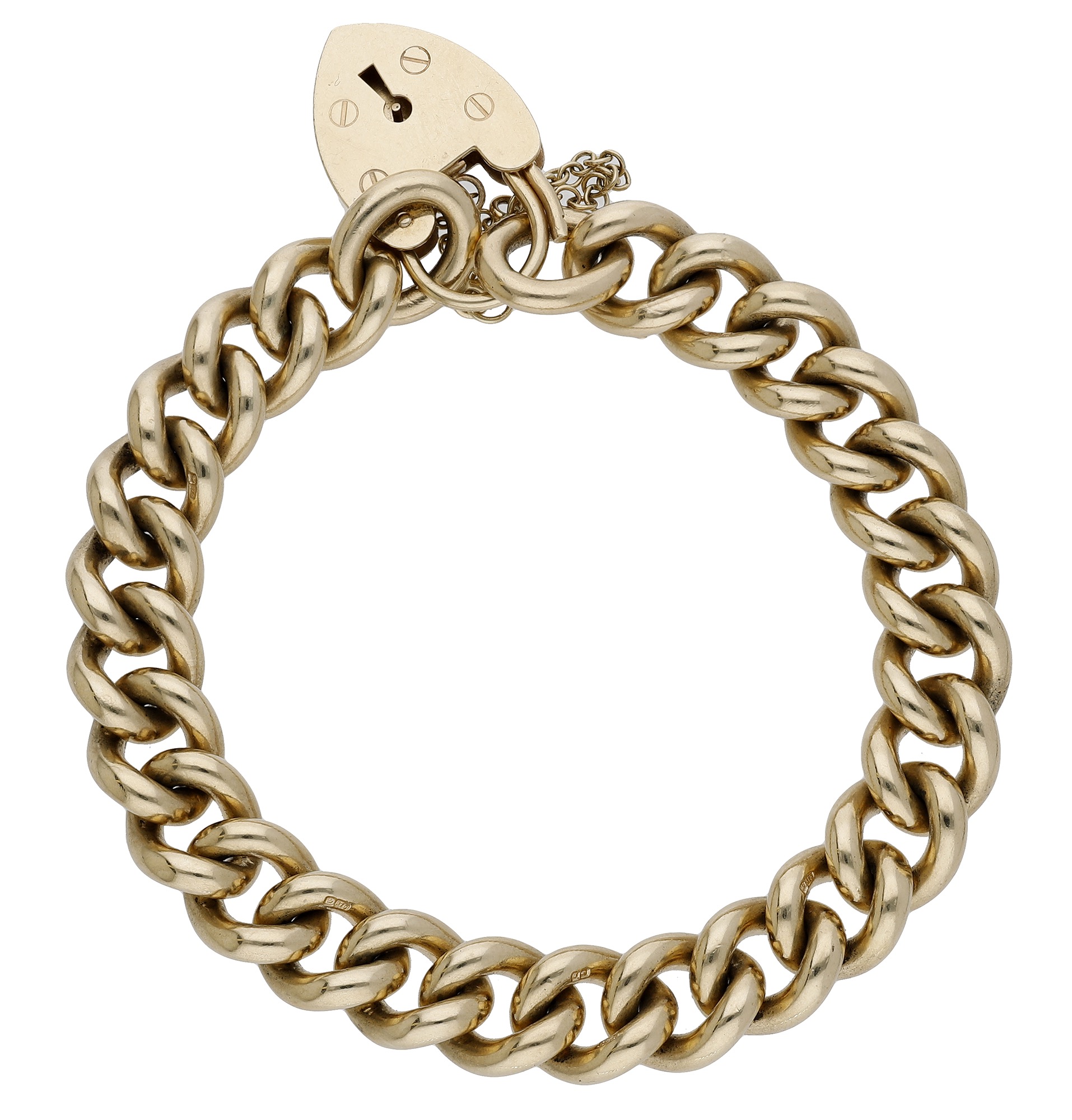 A gold curb-link bracelet, each link with scroll engraved decoration, with 9ct gold padlock...