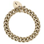 A gold curb-link bracelet, each link with scroll engraved decoration, with 9ct gold padlock...