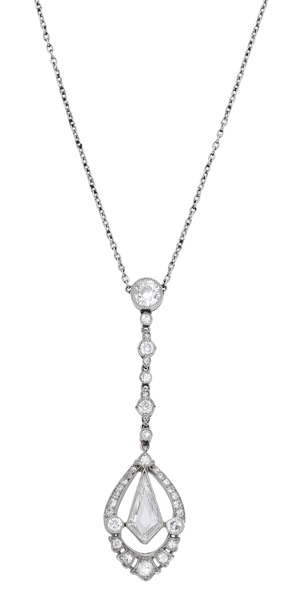 A diamond pendant, circa 1910, the teardrop-shaped pendant centred with a kite-shaped diamon...