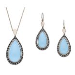 A diamond and simulated turquoise pendant and earring suite, the pair-shaped pendant within...