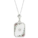 A rock crystal, diamond and enamel pendant, centred with a brilliant-cut diamond within hexa...