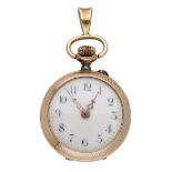 Swiss. A lady's small gold and enamel keyless watch, circa 1900. Movement: cylinder escapem...