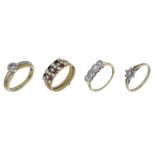 Four gem-set rings, comprising a four stone diamond ring, an 18ct gold single stone diamond...