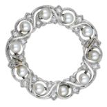 A diamond and pearl circlet brooch, the pierced decorated hoop set with rose-cut diamonds an...