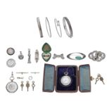 A collection of assorted silver jewellery, including chains, brooches, rings, bangles and tw...