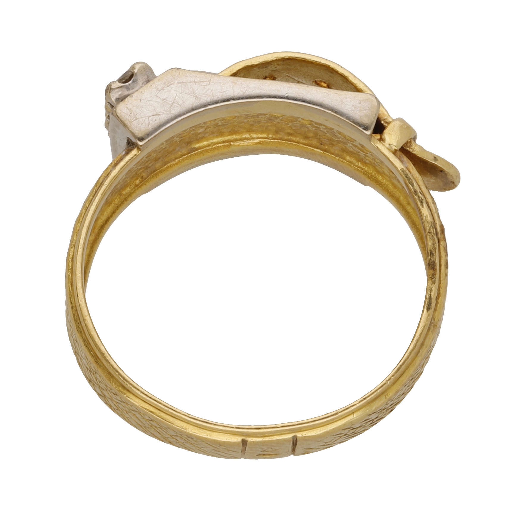 A diamond buckle ring, of two colour gold, set with three brilliant-cut diamond highlights,... - Image 2 of 3