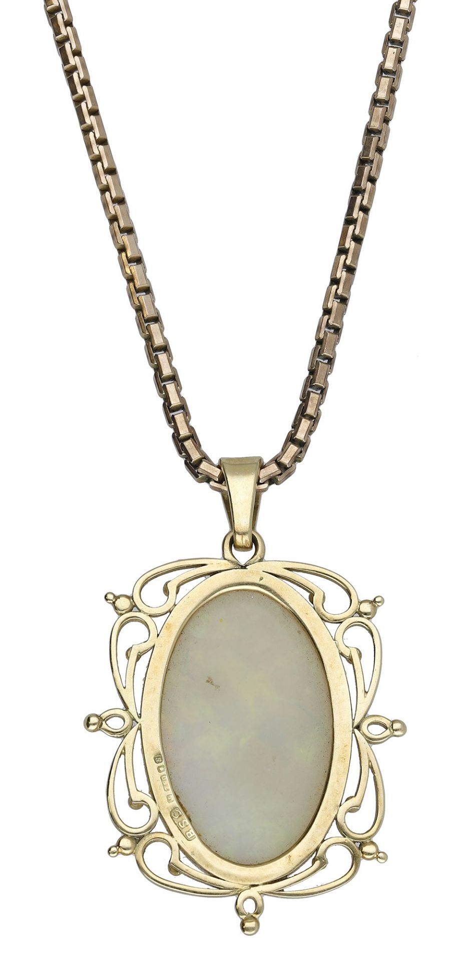 An opal pendant on chain, the opal cabochon to a pierced 18ct gold scrollwork mount, suspend... - Image 2 of 3