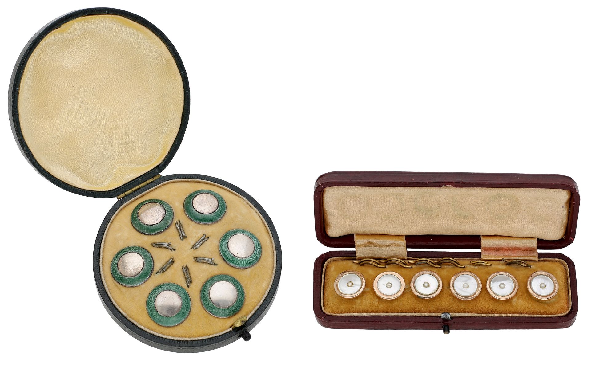 Two sets of buttons, the first of six silver and green enamelled buttons, by Sydney & Co, Bi...