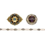 Two 19th century brooches and a gold chain, the first lozenge-shaped brooch with turquoise c...