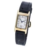 Swiss. A gold rectangular wristwatch, circa 1936 Movement: manual winding, 15 jewels. Dial...
