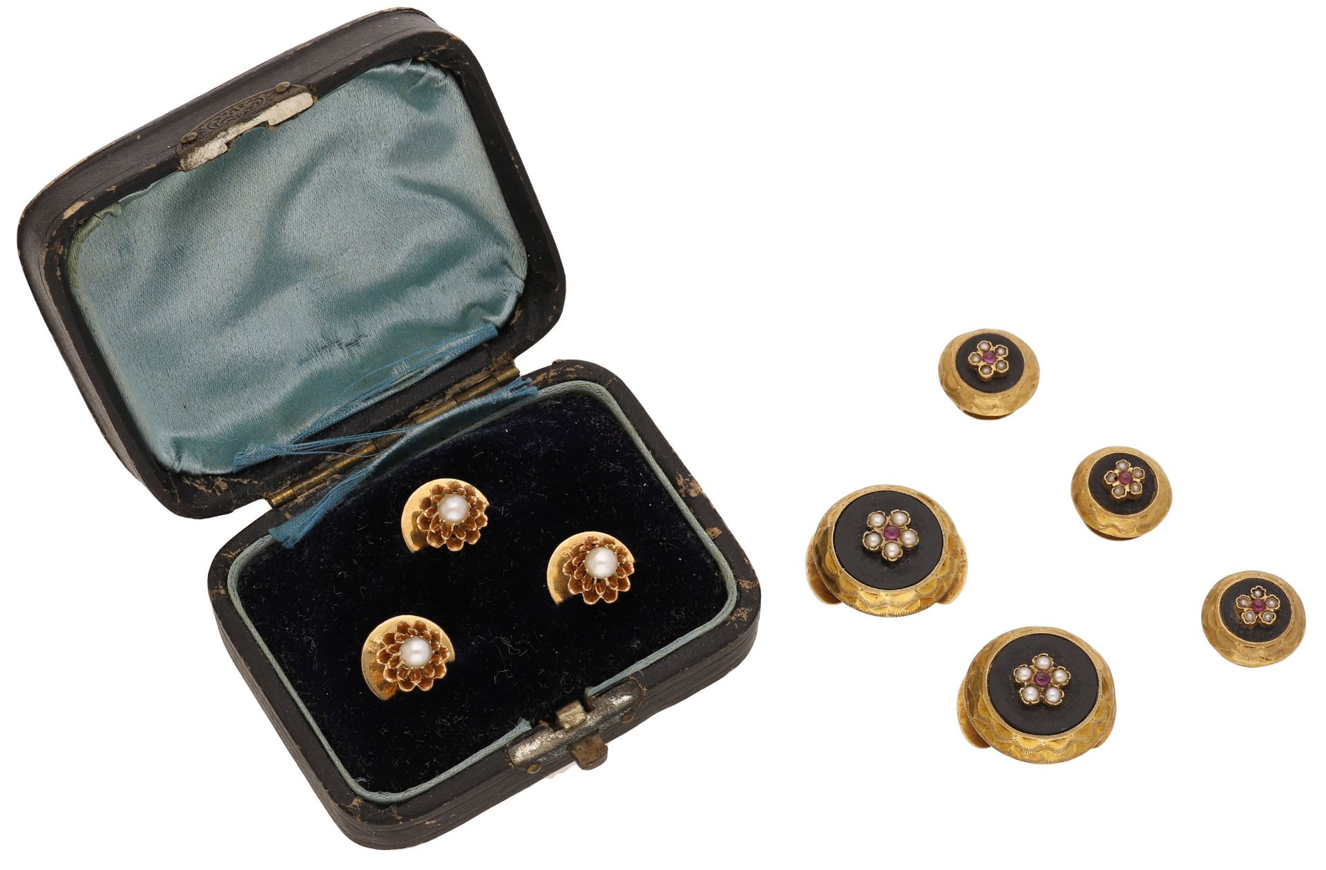 Two sets of French studs, the first comprising three gold and half pearl set studs, with loz...