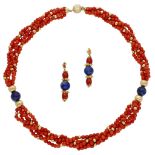 A coral and lapis lazuli necklace and ear pendant suite, the multi-strand Corallium rubrum t...