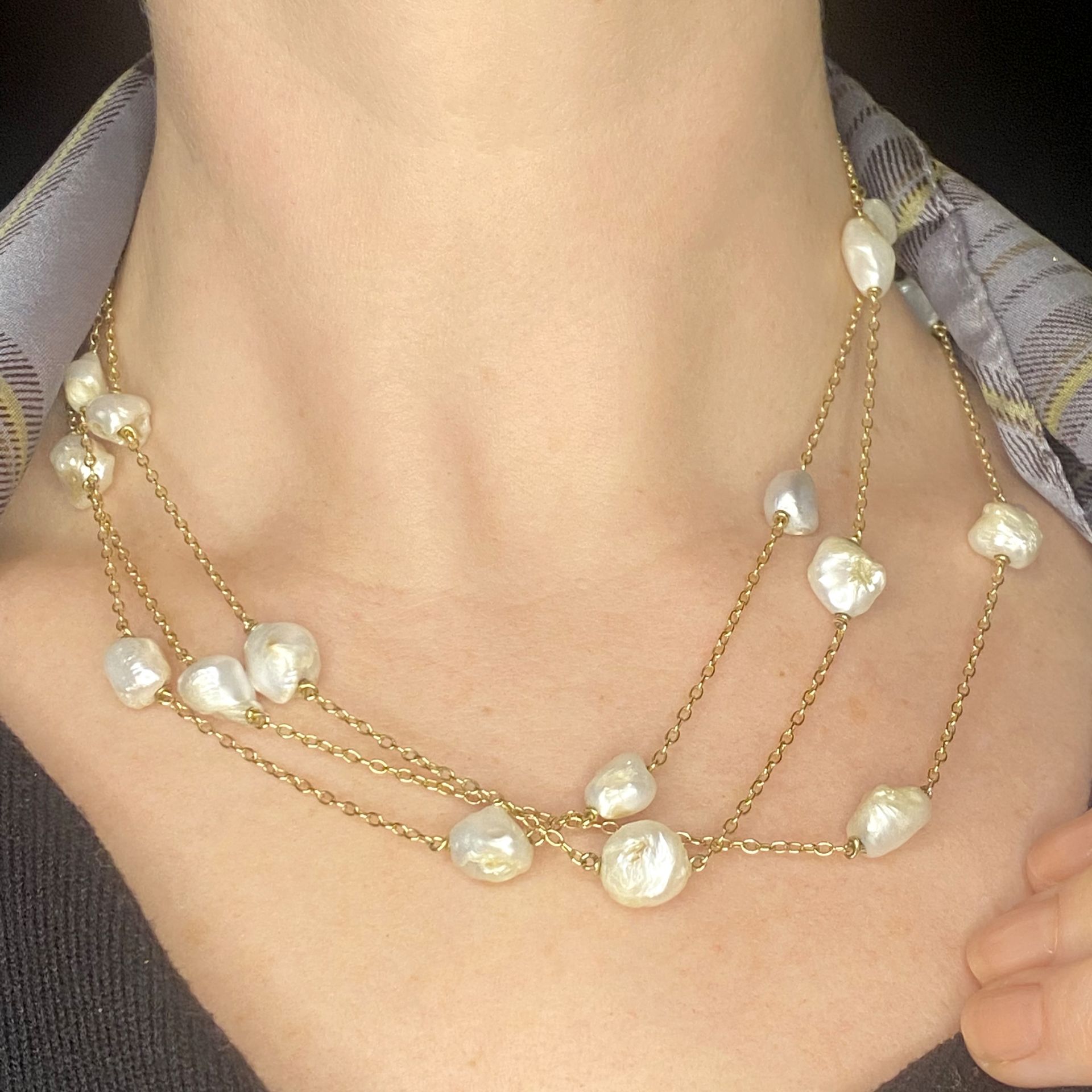 An Arts and Crafts pearl long chain, the gold belcher-link long chain spaced by baroque-shap... - Image 2 of 2