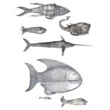 A collection of fish, including an articulated marlin and another articulated example, both...