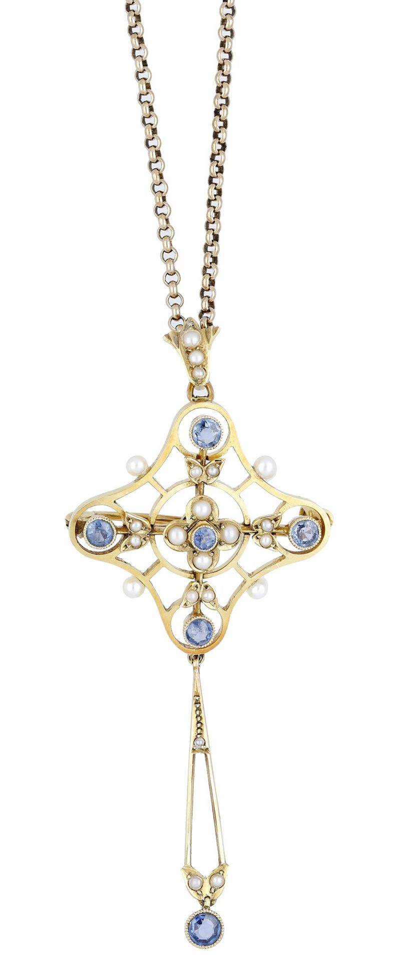 A sapphire and seed pearl pendant/brooch, circa 1900, the pierced pendant of quatrefoil desi...