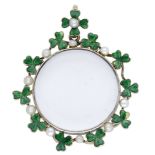 An early 20th century green enamel and pearl locket pendant, the central glazed compartment...
