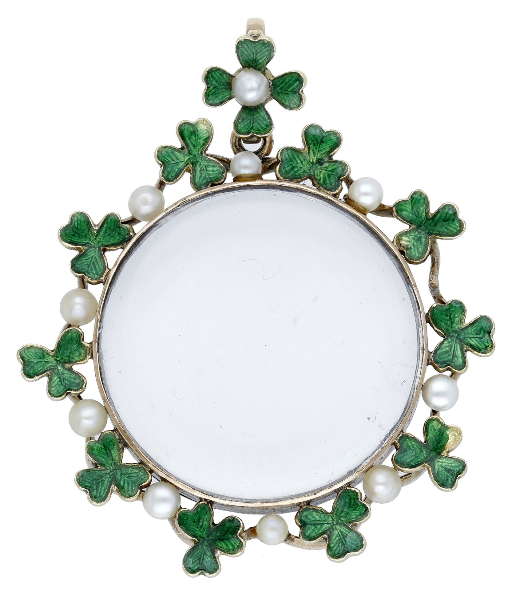 An early 20th century green enamel and pearl locket pendant, the central glazed compartment...