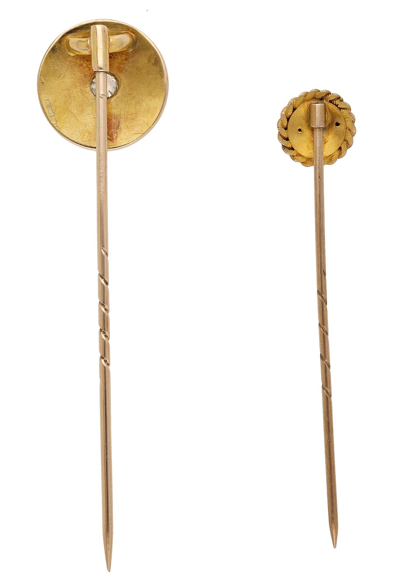 Two Victorian gold stickpins, the first with circular finial, inset with an old-cut diamond... - Image 2 of 2