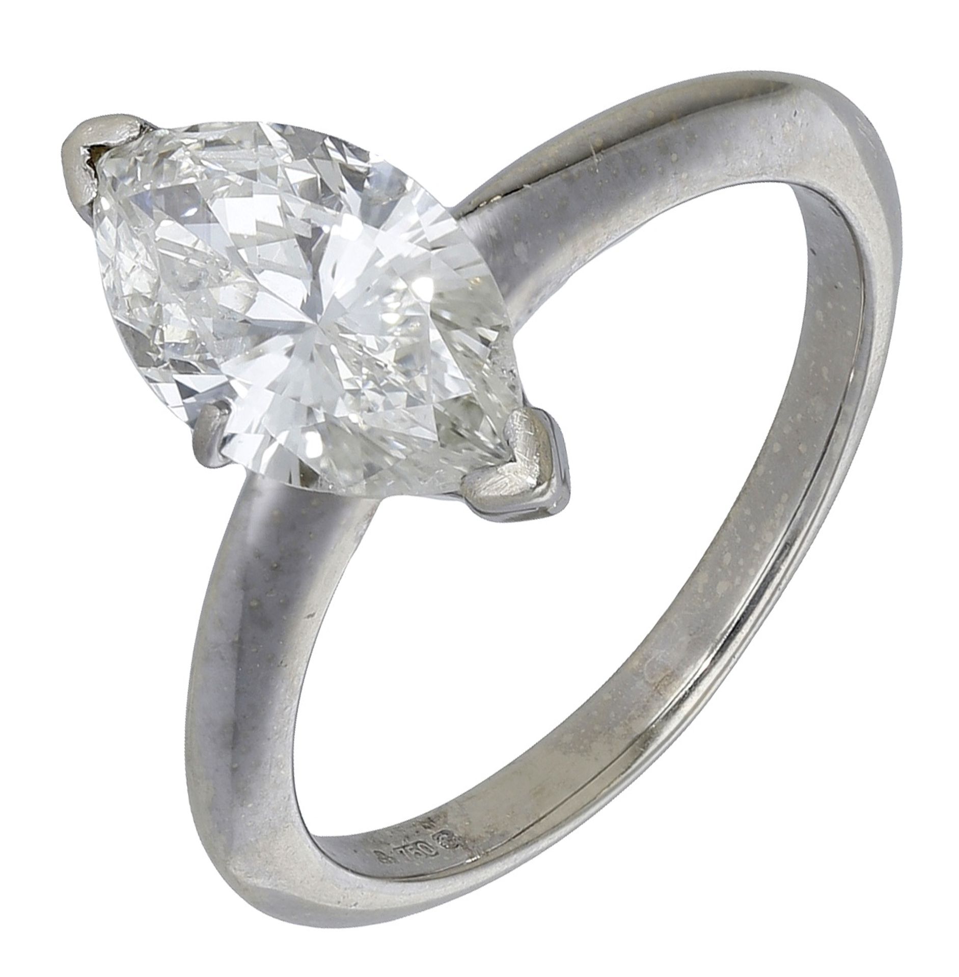 A diamond single stone ring, the marquise-cut brilliant claw set within knife-edge shank, 18...