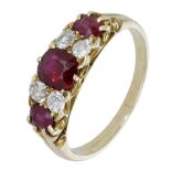 A ruby and diamond seven stone ring, the three oval-cut rubies spaced by pairs of old-cut di...