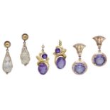 Three pairs of earrings, comprising a pair of briolette-cut citrine drops within a wire-work...