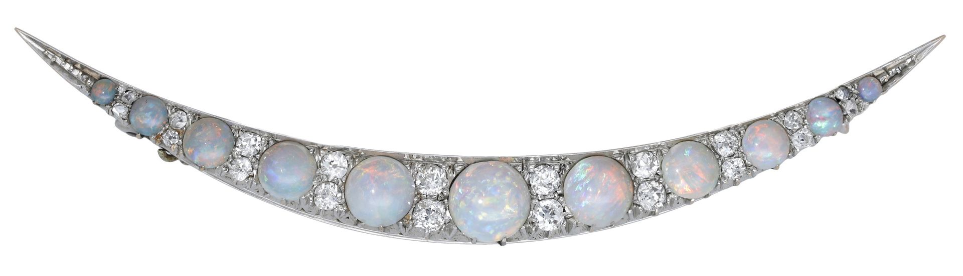 A late 19th century opal and diamond crescent brooch, the graduated opal cabochons spaced by...