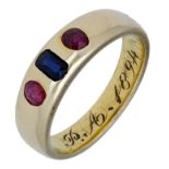 A sapphire and ruby ring, circa 1890, the gold tapered band bezel set with a rectangular-cut...
