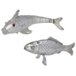 Two fish spice boxes, the first with scales and dorsal and pelvic fins, the hinged head perf...