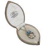 An early 20th century diamond pearl and enamel pendant, the spotted blue and white enamel bo...