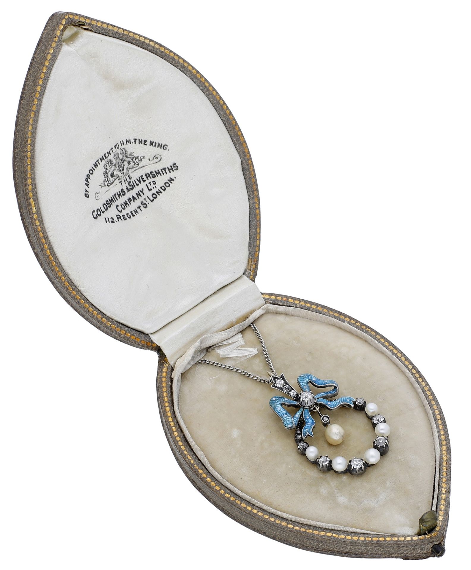 An early 20th century diamond pearl and enamel pendant, the spotted blue and white enamel bo...