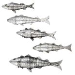 Four matching graduated fish spice boxes, of articulated form, with fins and scales, the hin...