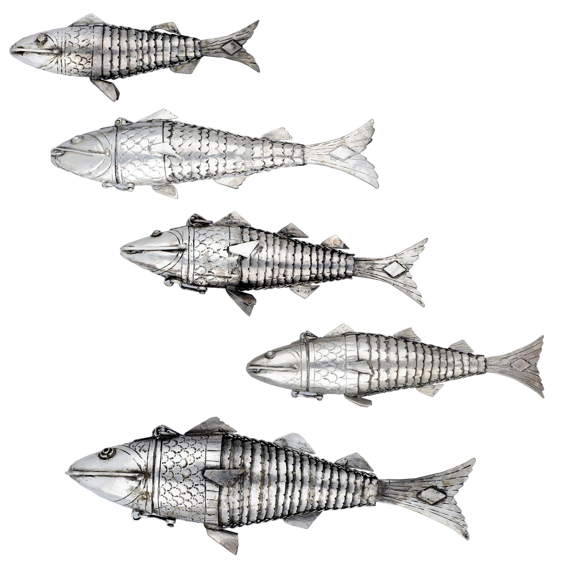 Four matching graduated fish spice boxes, of articulated form, with fins and scales, the hin...