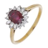 An 18ct gold ruby and diamond cluster ring, 1983, the mixed-cut ruby claw-set within a surro...