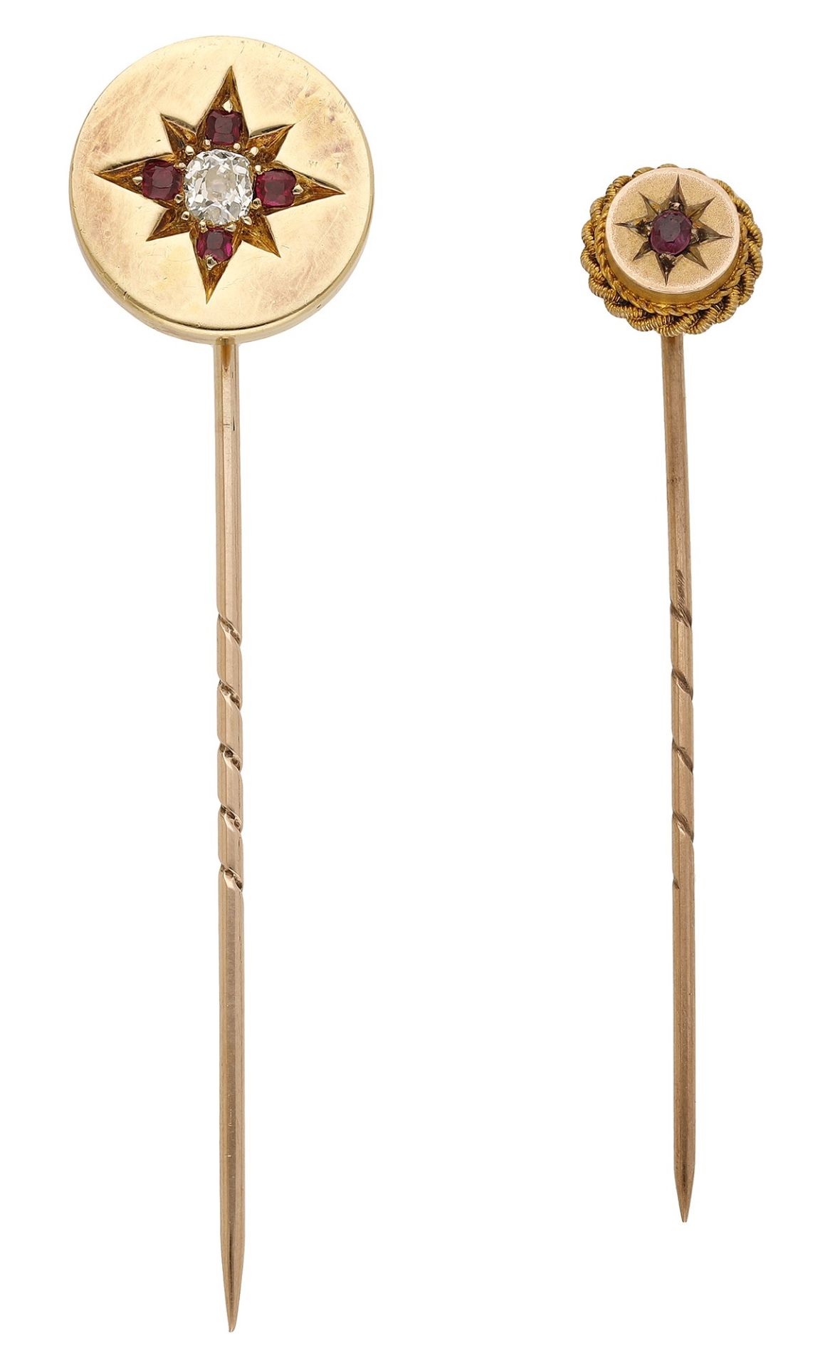 Two Victorian gold stickpins, the first with circular finial, inset with an old-cut diamond...