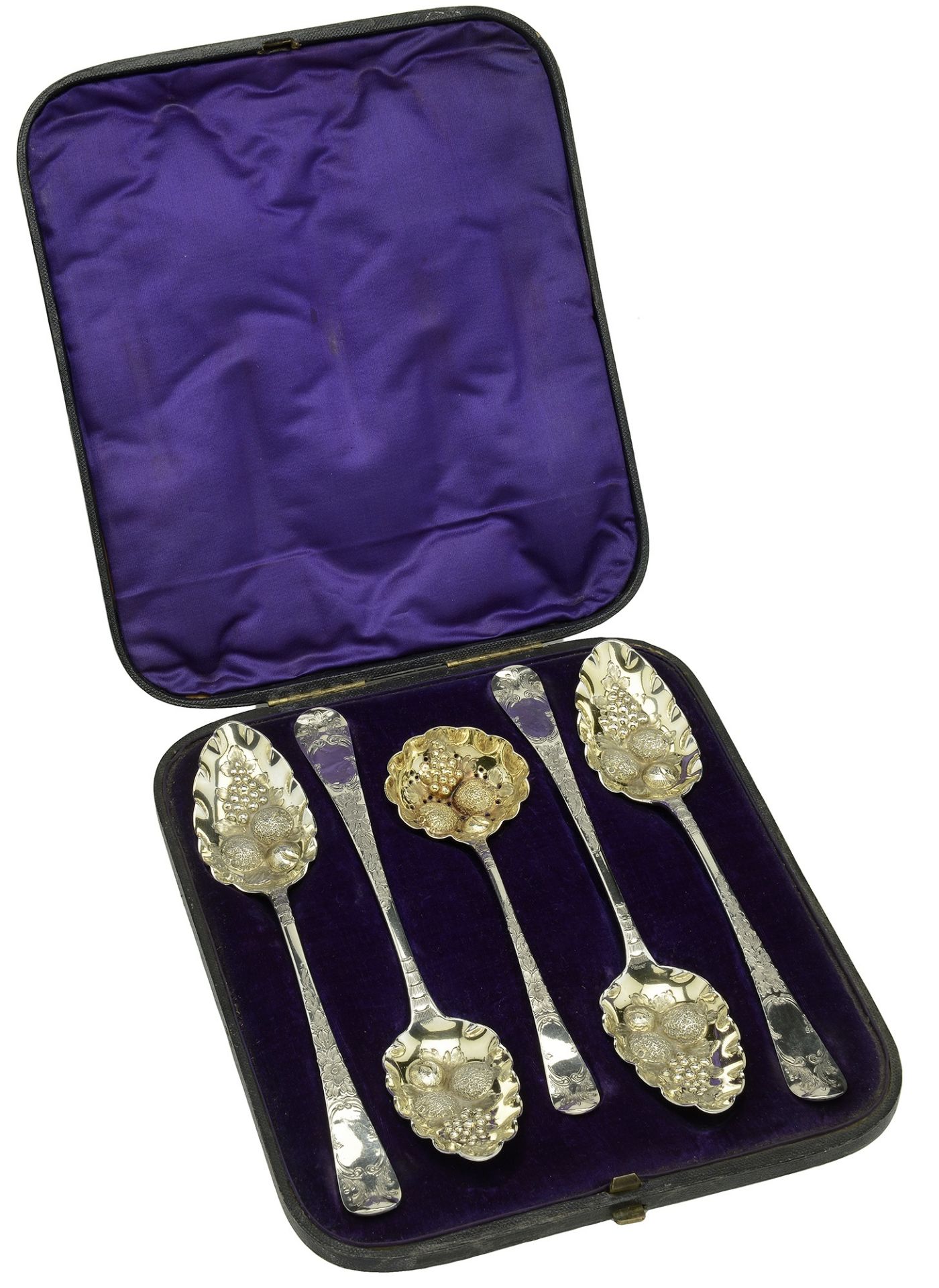 A set of four silver berry spoons with matching sifter spoon, the four tablespoons with Geor...