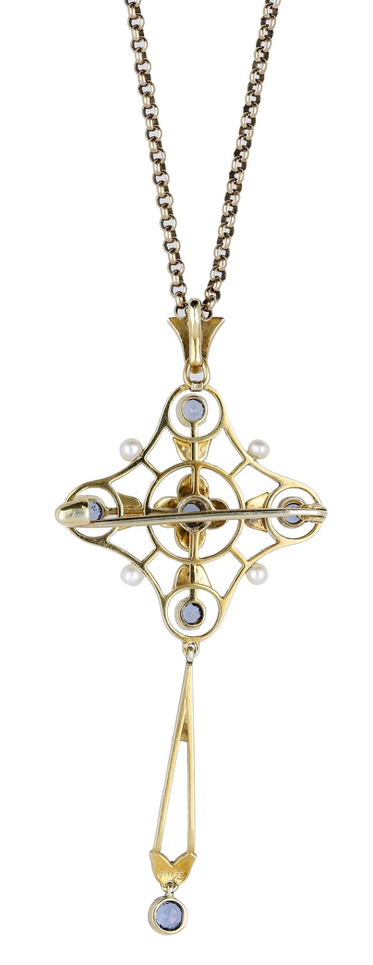 A sapphire and seed pearl pendant/brooch, circa 1900, the pierced pendant of quatrefoil desi... - Image 2 of 2