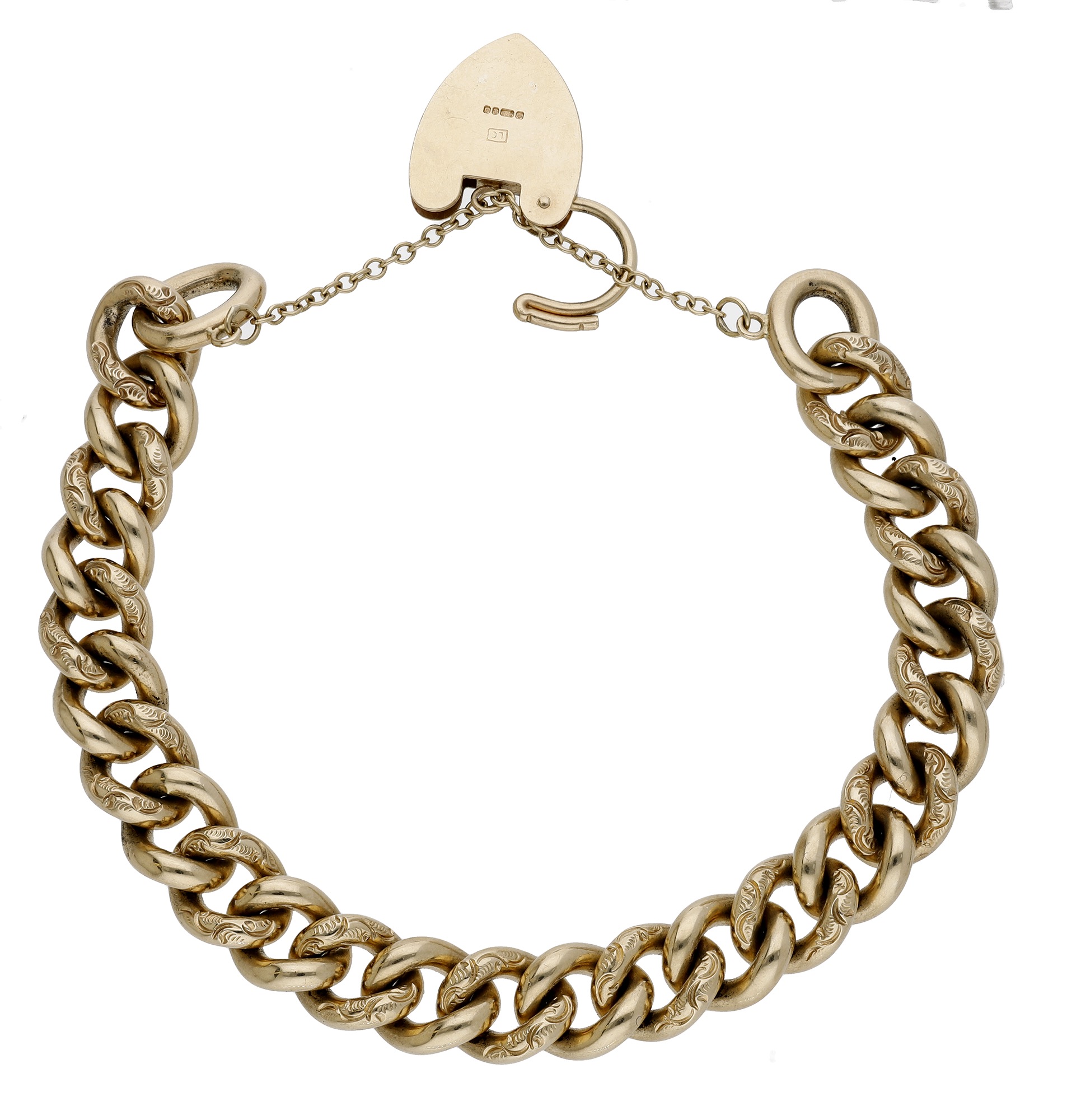 A gold curb-link bracelet, each link with scroll engraved decoration, with 9ct gold padlock... - Image 2 of 4