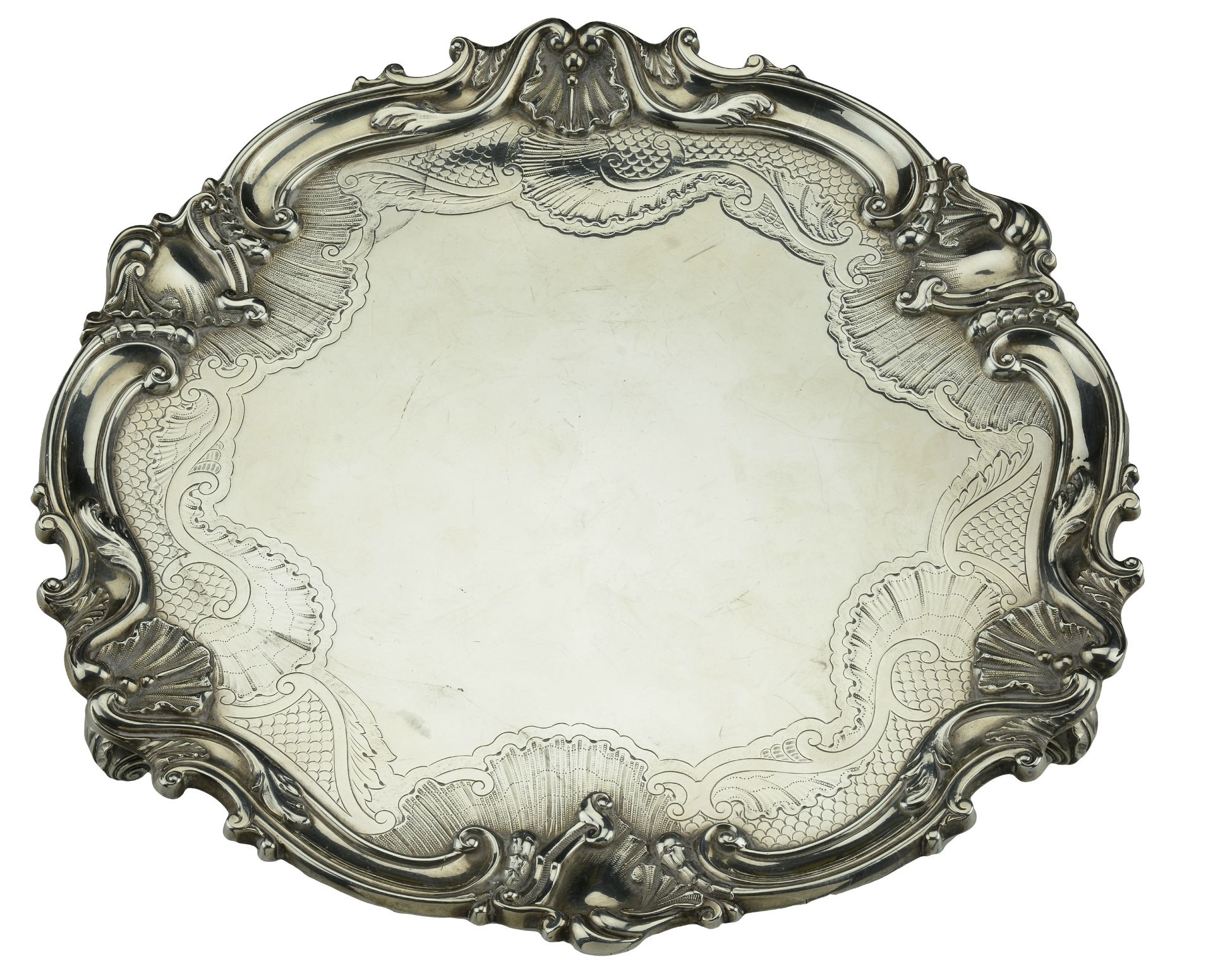 A Victorian silver salver, of good gauge, the border with boldly fashioned scallops and 'S'...