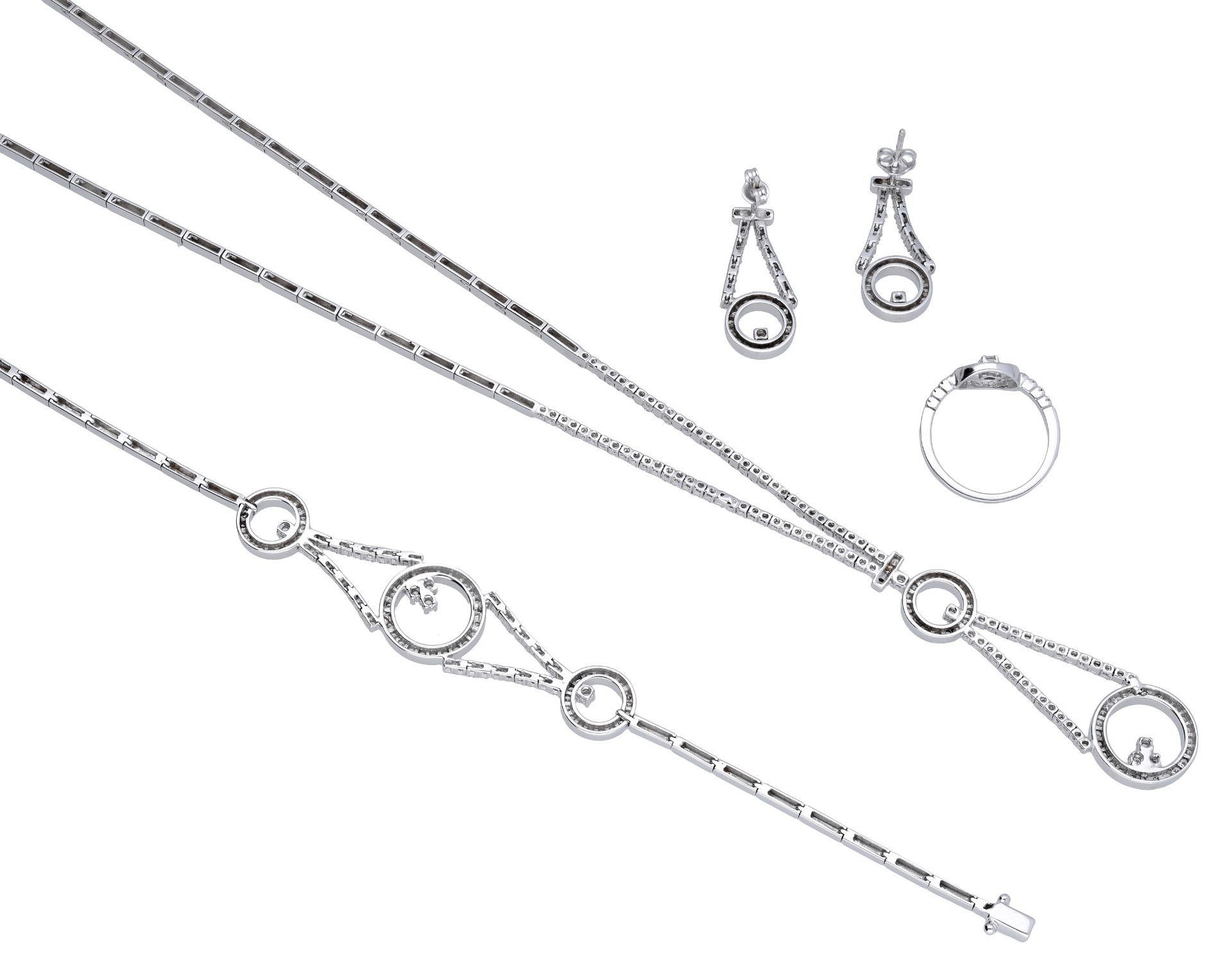 A diamond suite, comprising a necklace, a bracelet, a pair of ear pendants and ring, all of... - Image 2 of 5