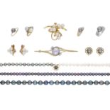 A collection of cultured pearl jewellery, comprising three necklaces; a cultured pearl brooc...