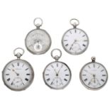 English. A group of five 19th century silver consular cased lever watches (5) Â£150-Â£200