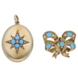 Two 19th century turquoise and diamond jewels, the oval bloomed gold locket with applied sta...