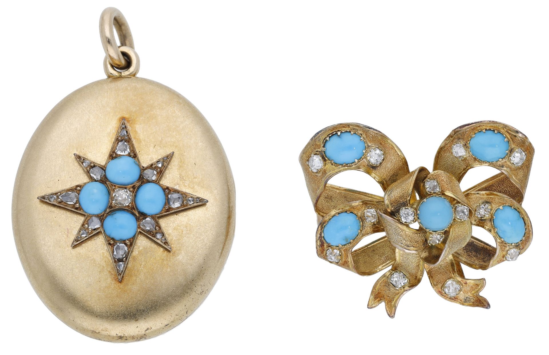 Two 19th century turquoise and diamond jewels, the oval bloomed gold locket with applied sta...