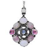 An Arts and Crafts silver pendant, of lozenge shape, bordered with cabochon gem stones inclu...