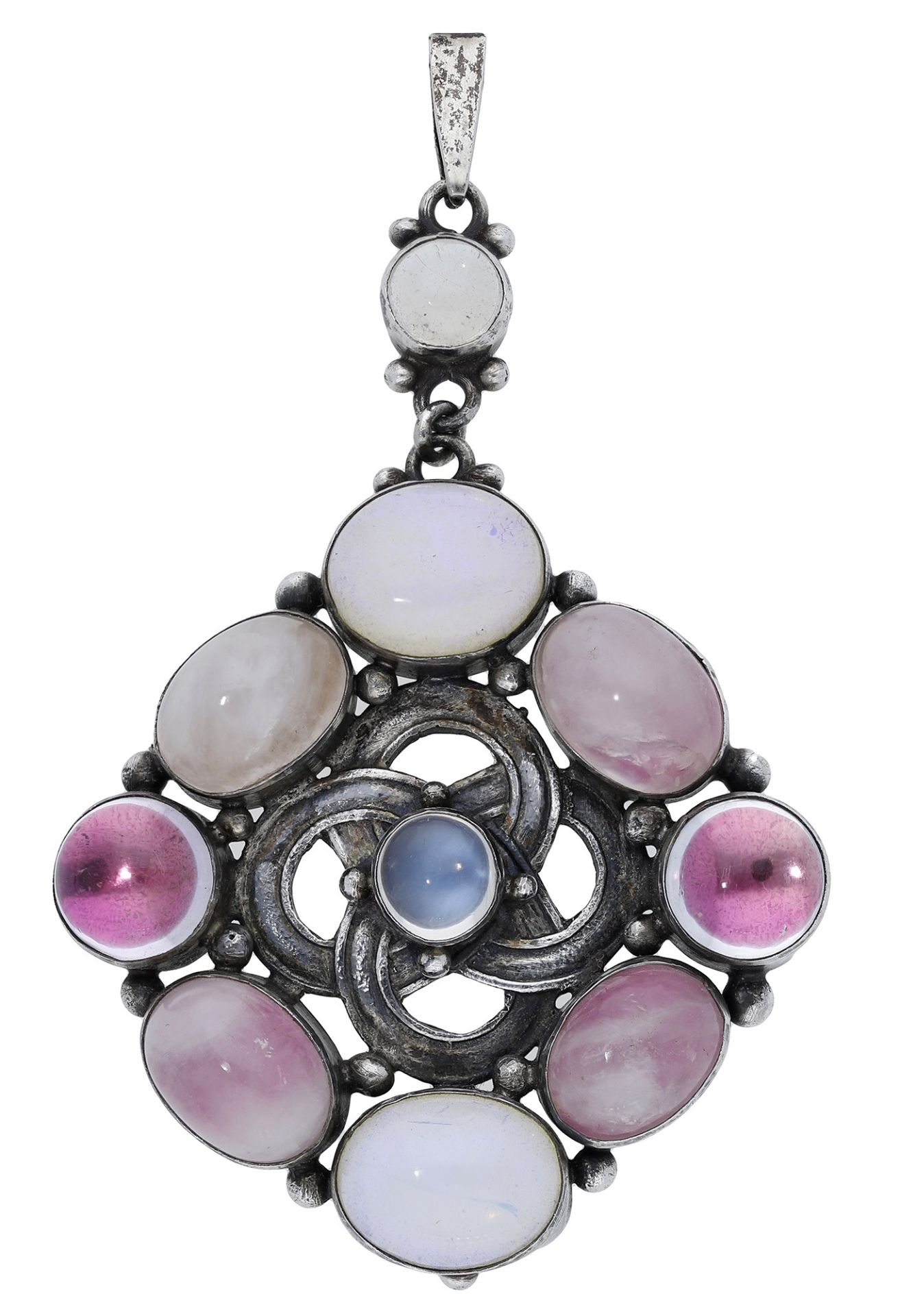 An Arts and Crafts silver pendant, of lozenge shape, bordered with cabochon gem stones inclu...